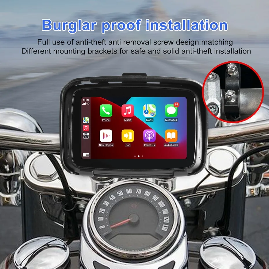 IPX7 Waterproof Motorcycle Multimedia Player GPS Navigation 5inch Display Screen Wireless Apple Carplay Android Auto WiFi USB BT