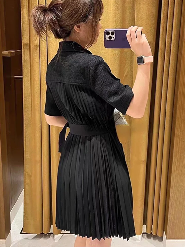 

Women Black Mini Shirt Dress 2024 New Elegant Ladies Gold Button Turn-Down Collar Short-Sleeved Zipper Pleated Robes with Sashes