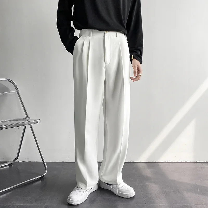 2024 New Men White Straight Pants Fashion Korean Loose Suit Trousers Casual Draped Baggy White Wide Pant Male Streetwear 2