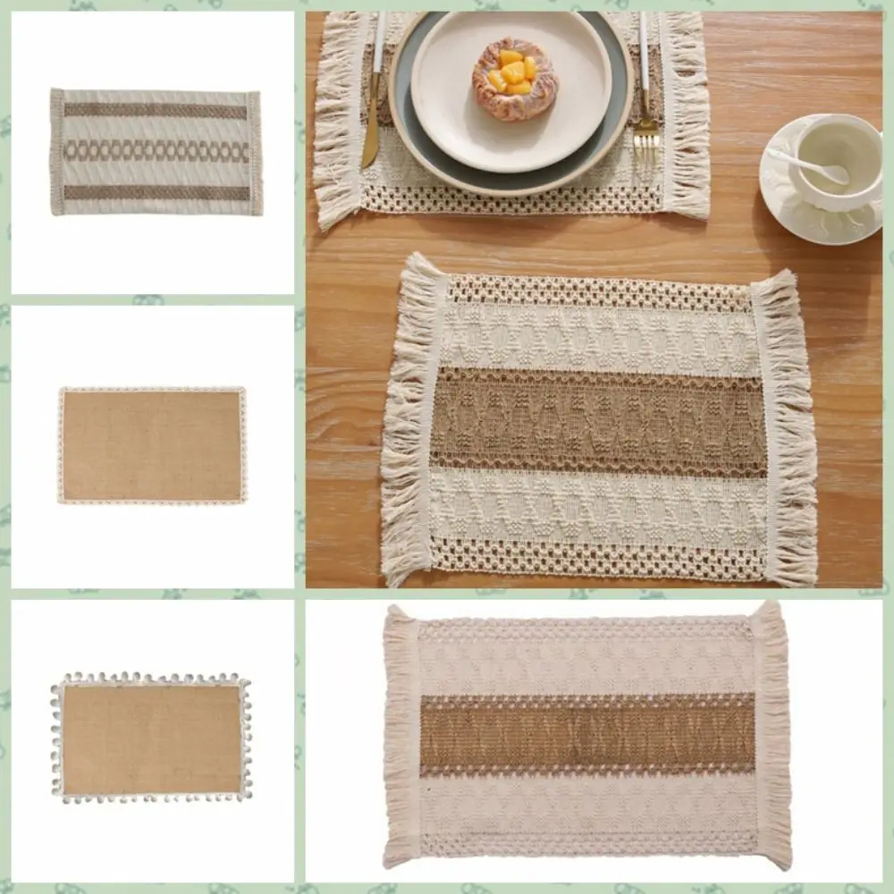 

Cotton Linen Table Mat Retro Twine Woven Rectangle Placemats Lace Nordic Coffee Tea Dish Bowl