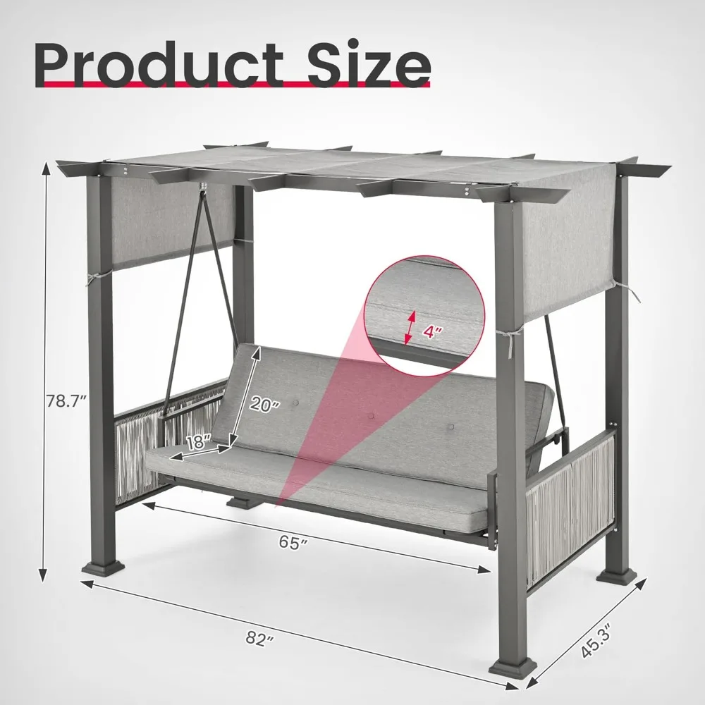 2 in 1 Design Porch Swing with Canopy,  Adjustable Curtains, Outdoor Patio Swing Chair for Garden, 3-Seat Patio Swing Bed 5
