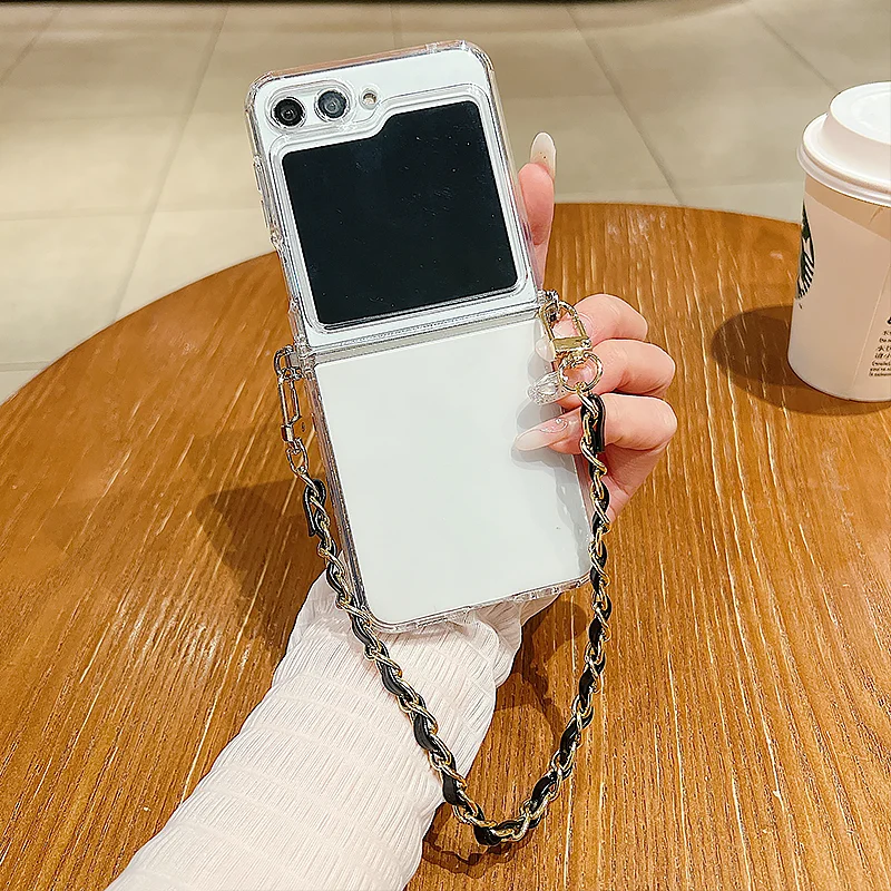 Luxury Metal Lanyard Clear Folding Phone Case with Soft Silicone Cover