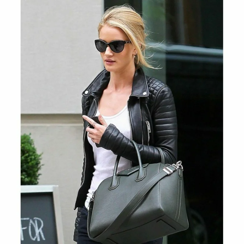 

New Women Black Leather Quilted Jacket Rosie Huntington Whiteley Coat Fashion Outwear