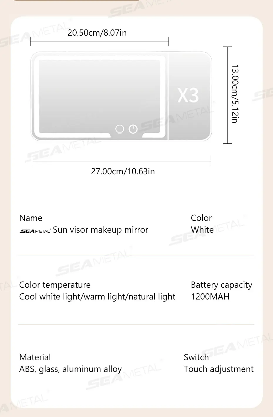 Espejo de maquillaje para automóvil con aumento 3x Espejo de tocador con visera táctil, espejo de maquillaje con carga de luz de relleno conmutable de 3 colores » Espejo de maquillaje para automóvil con aumento