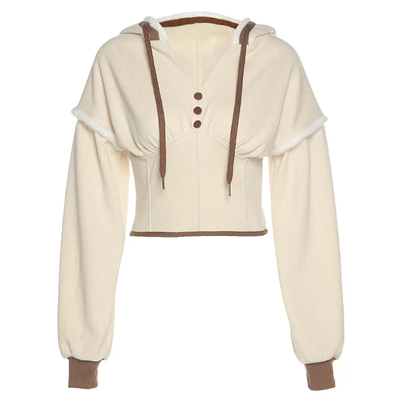 Pure Color Knitted Pullover Hoodie Patchwork Button Long Sleeve Waist Short Hoodie Women's All-match Pullover Warm Clothes