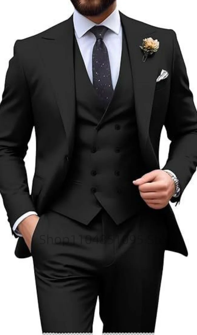 Men's Solid Color Slim Fit Formal Business Suit Wedding 3-Piece Set with Peak Lapel Blazer Vest And Trousers for Party Prom