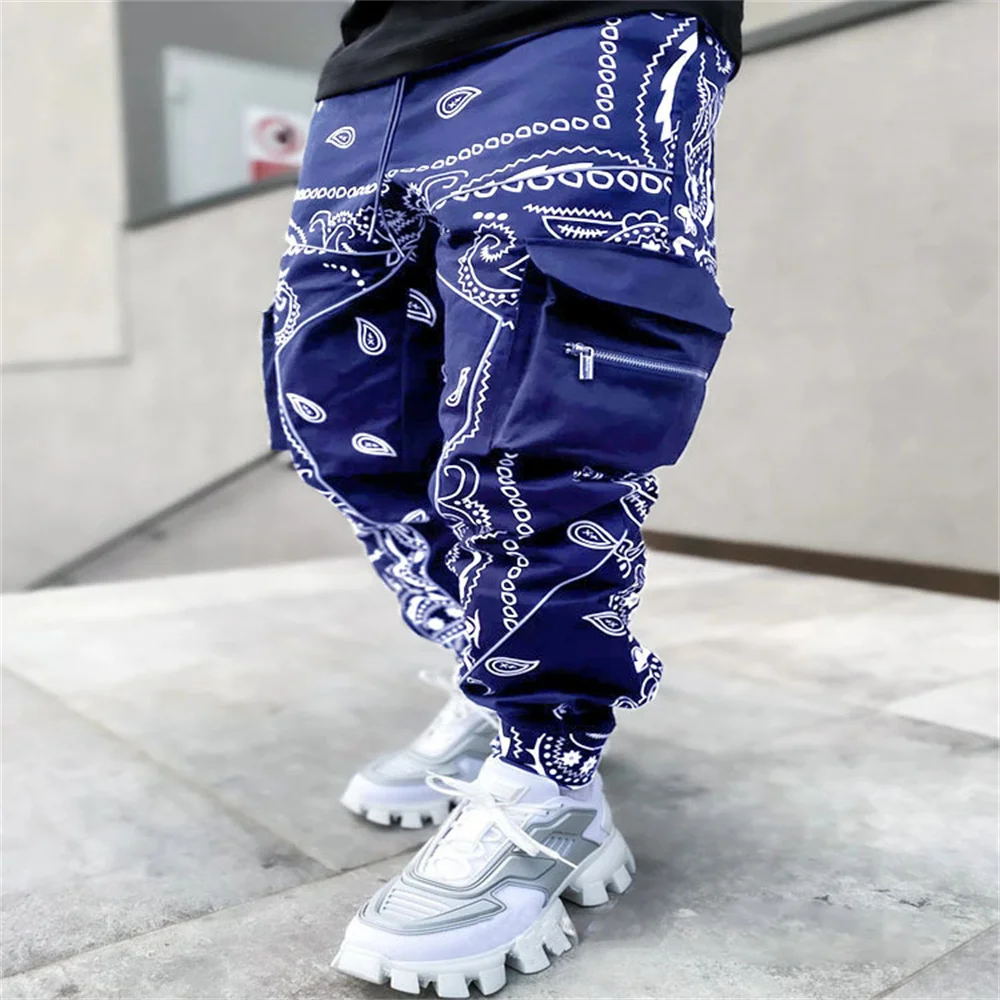 High quality men's pants cashew flower casual sports Haren pants loose high street multi-bag overalls Fashionable streetwear