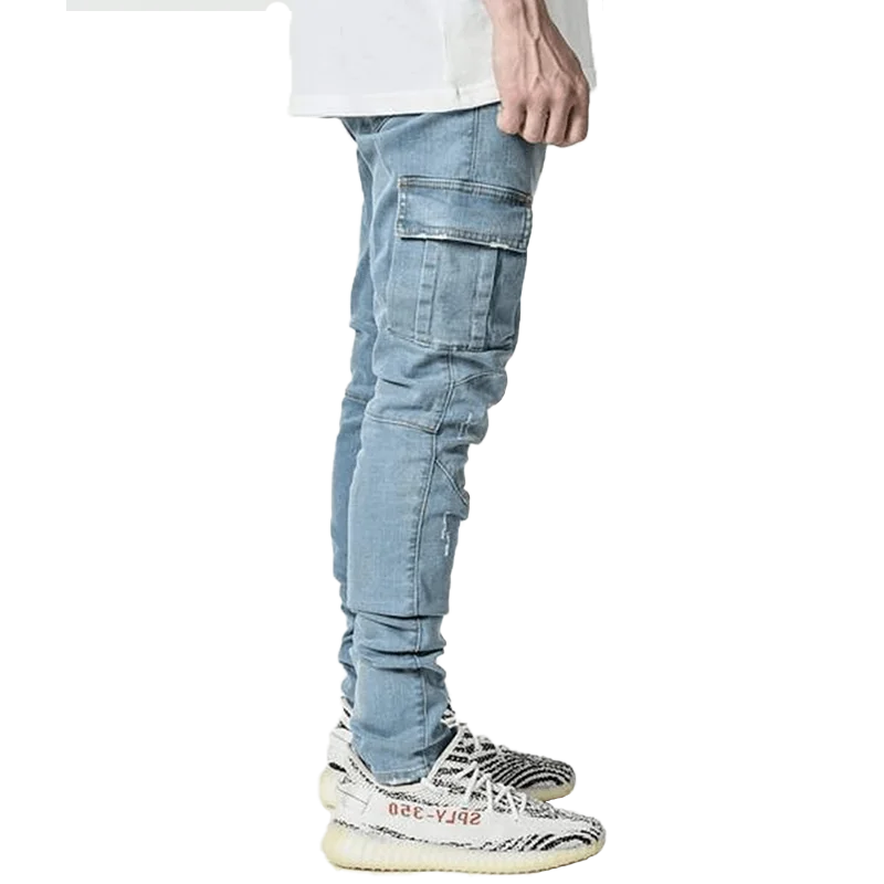 New Autumn Winter Men's Jeans Solid Color Multi Pockets Cargo Denim Pants Fashion Slim Casual Trousers Streetwear Jeans fo Men