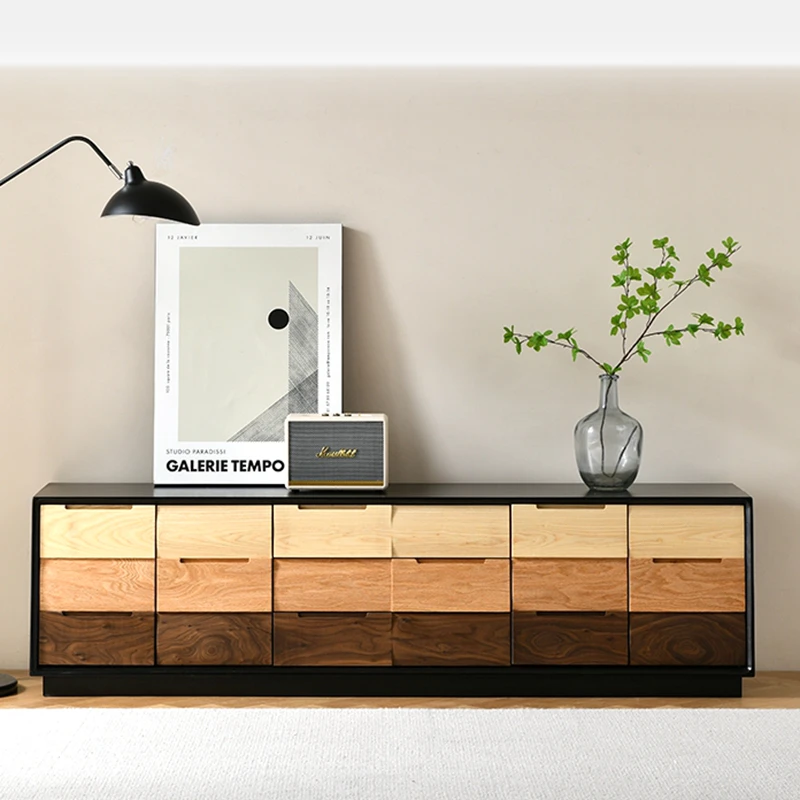 

Special High Level Solid Wood TV Cabinet Rubber Wood Cabinet Body Black Walnut Panel Creative Living Room Floor TV Table