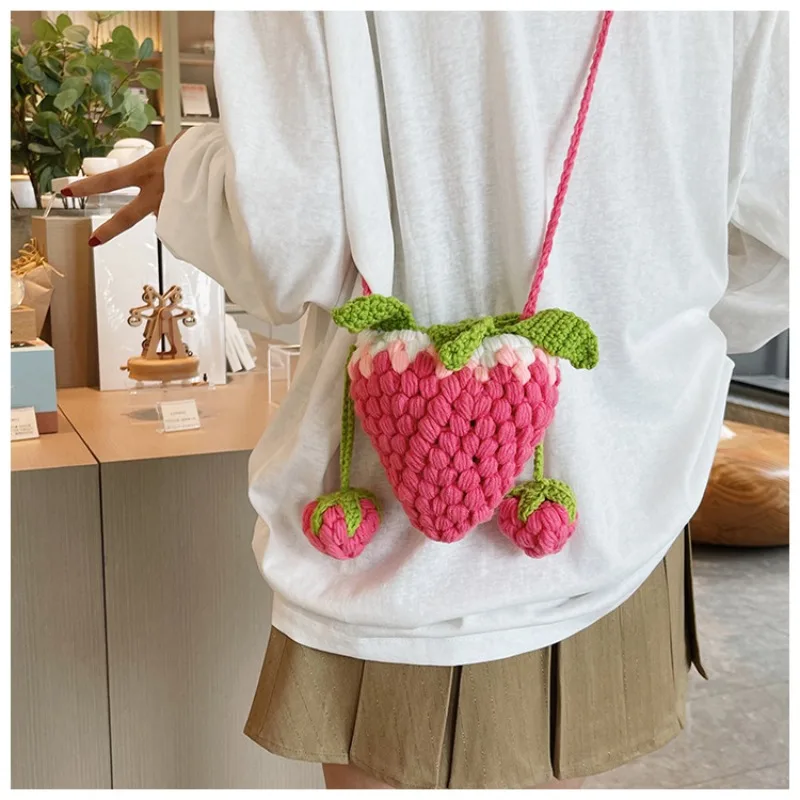Handcrafted Strawberry Crochet Bag - New Trendy Yarn Crossbody Purse for Kids, Cute Home  Gift,  Practical  Coin  Pouch