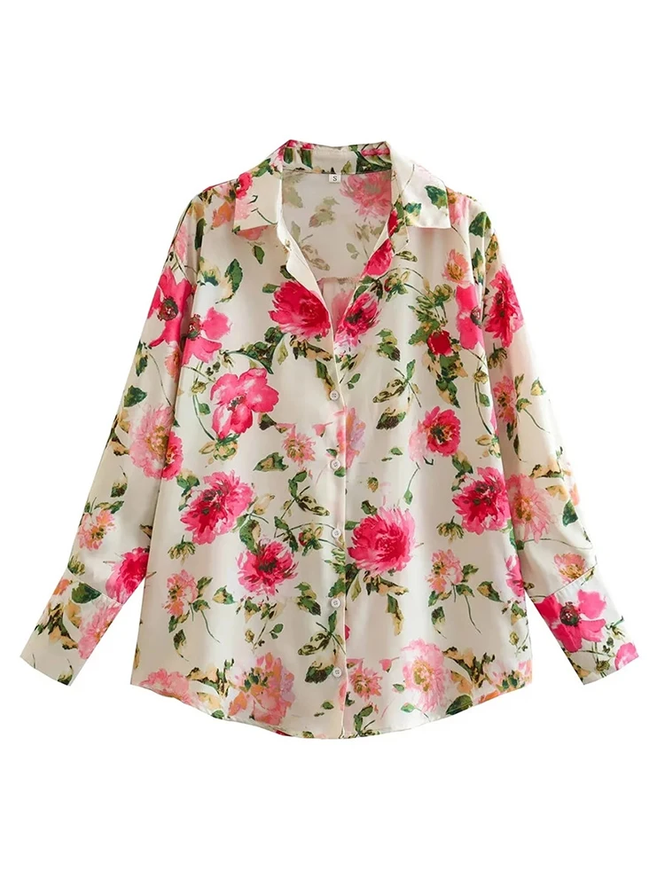 

Spring New Elegant Ladies Flower Print Long Shirts Womens 2023 New Casual Satin Feeling Loose Tops Female Summer Chic Blouse