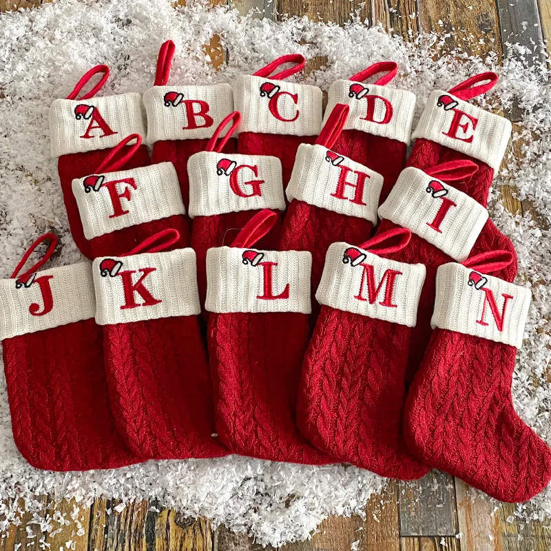 

Christmas knitting Stocking New Year Socks Red Snowflake Alphabet Letters Xmas Tree Ornament Party Decoration For Home Xmas Gift