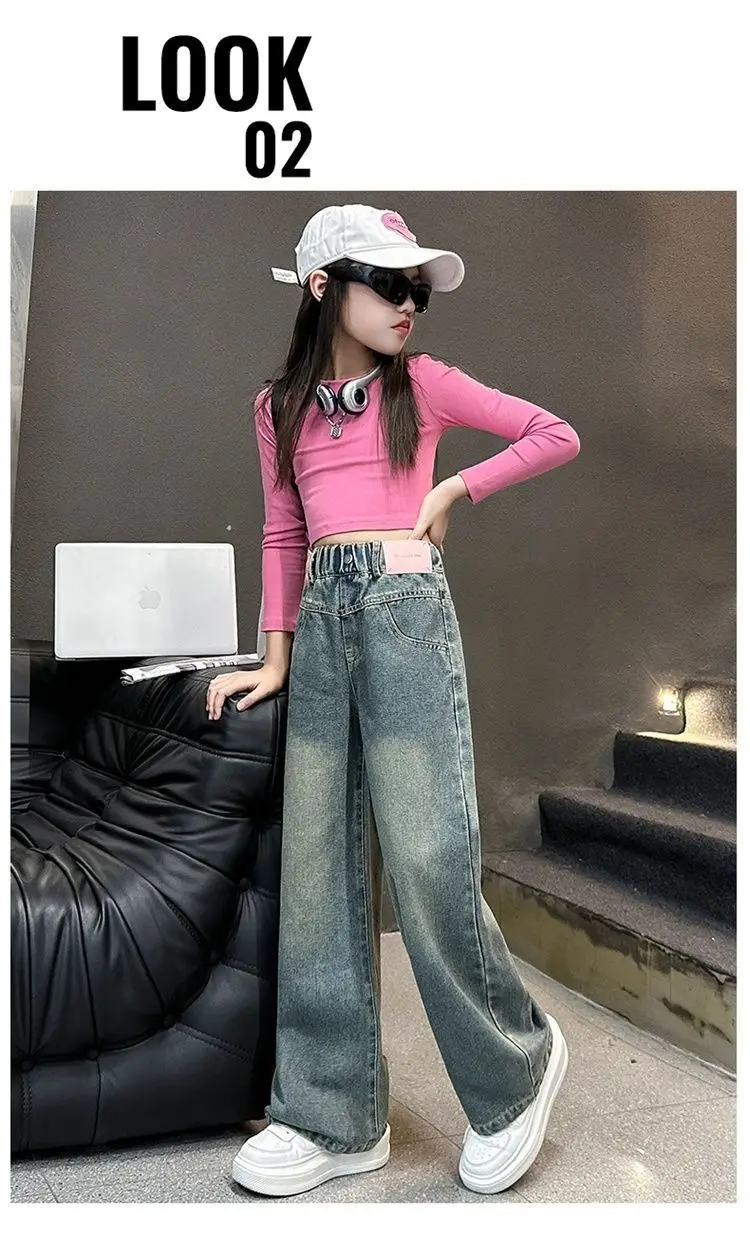 بنطلون جينز واسع الساق للفتيات لفصلي الربيع والخريف، خصر مرتفع، سروال طويل، ملابس أطفال، بنطلون دنيم للأطفال، نمط الزي المدرسي