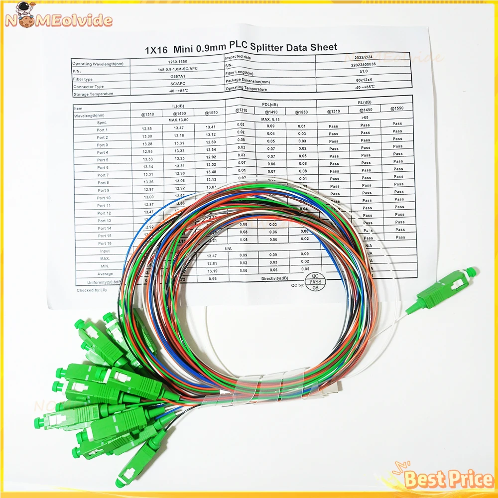 Optical Fiber PLC 1X16 Color Splitter SC/APC SM 0.9mm G657A1 PVC 1m FTTH Fiber Optic PLC Splitter With Color High Quality