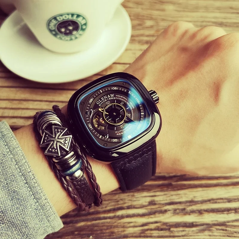 GLENAW Luxury Men Wristwatch Automatic Mechanical Wristwatch Skeleton Design Waterproof Leather Strap Male Watch Reloj Hombre