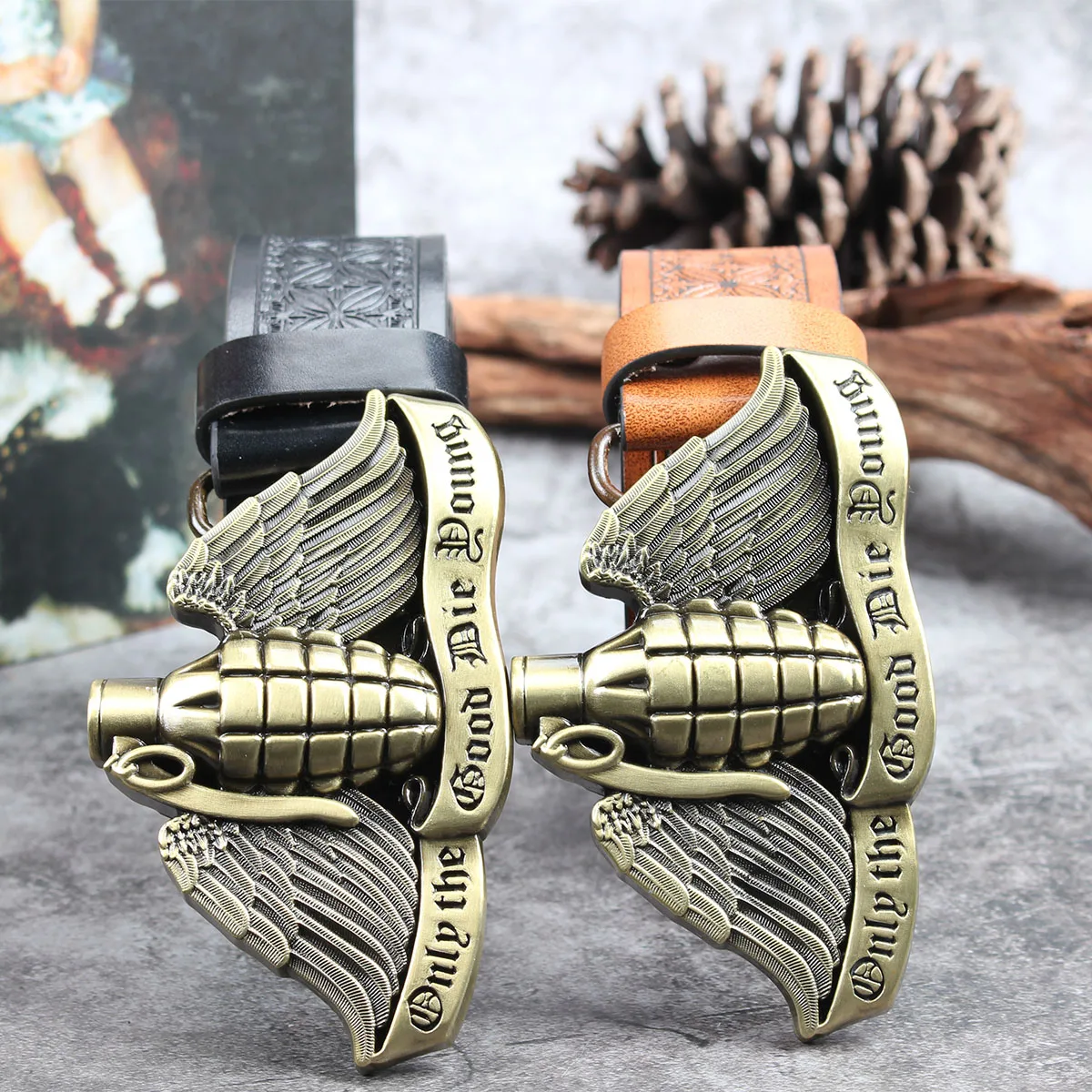

Winged grenade3.7cm wide men's and women's Western bull head denim style bull scalprendy belt smooth buckle