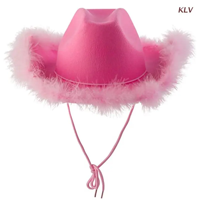 Fashion Pink Cowgirl Hat Fluffy Feather 