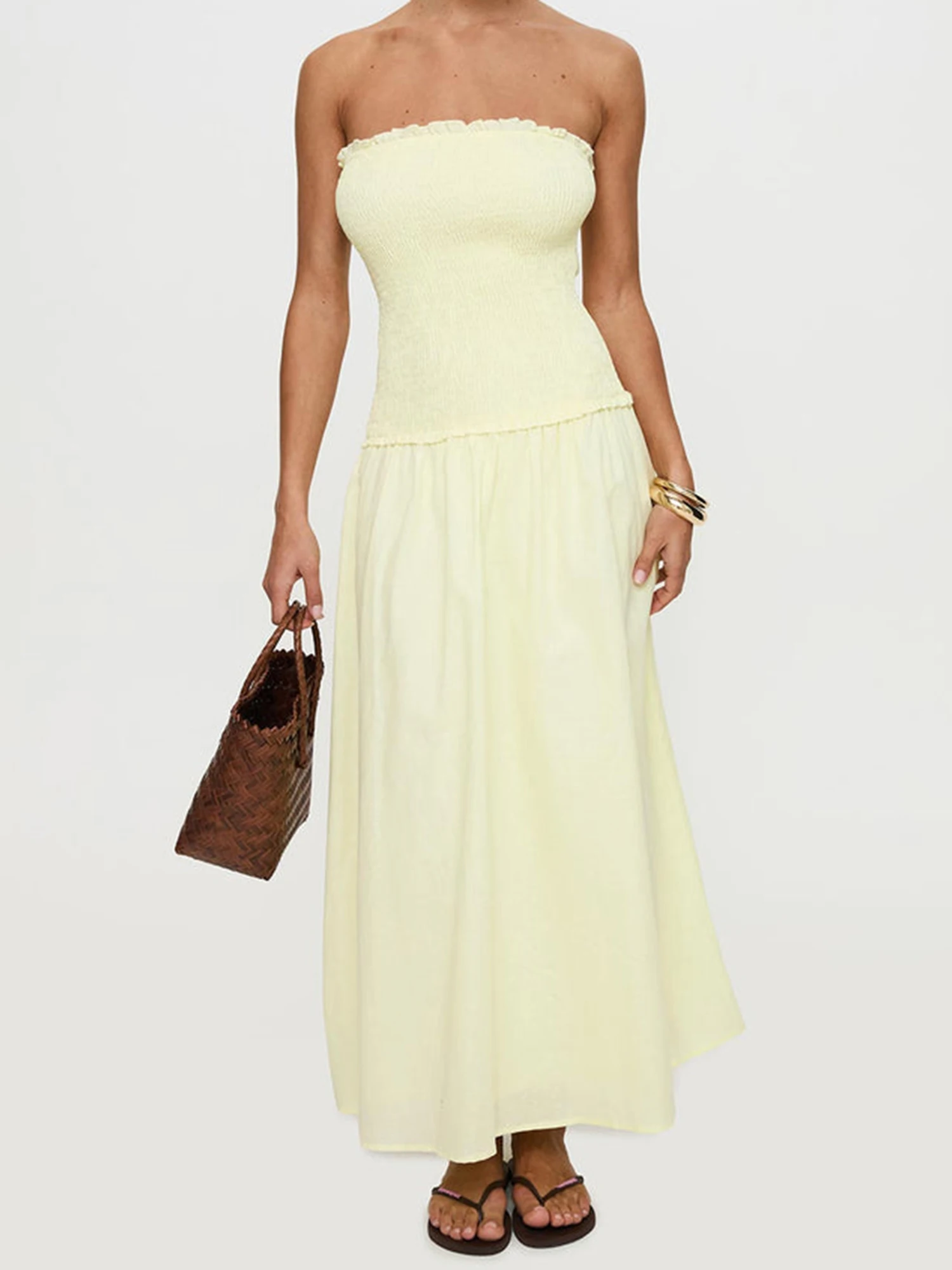 Elegant Off-Shoulder Maxi Dress with Flounce Detail and Smocked Bodice Perfect for Summer Events and Parties