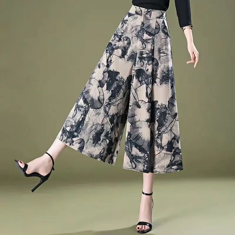 Women's Clothing High Waisted Women's Solid Color Plant&Flowers Printing Casual Loose Spring Summer Wide Leg Chinese Style Pants