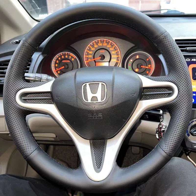 

For 08-09-13 Honda Fit Steering Wheel Cover Hand Sewing Genuine Leather Civic 10 City Handle Cover Car Accessories Decorate