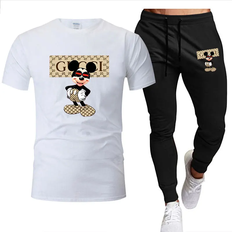 mens tracksuit set 2022 spring summer men's sets Disney Mickey cartoon printed cotton sports oversized T-shirt + jogging trousers Men's clothing Men's Sets