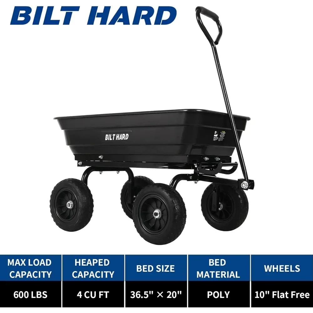 4 Cu.Ft. 10" No-Flat Tires Poly Yard Dump Cart with 180&deg; Rotating Handle, 600 lbs Capacity Heavy Duty Garden Carts and Wagons