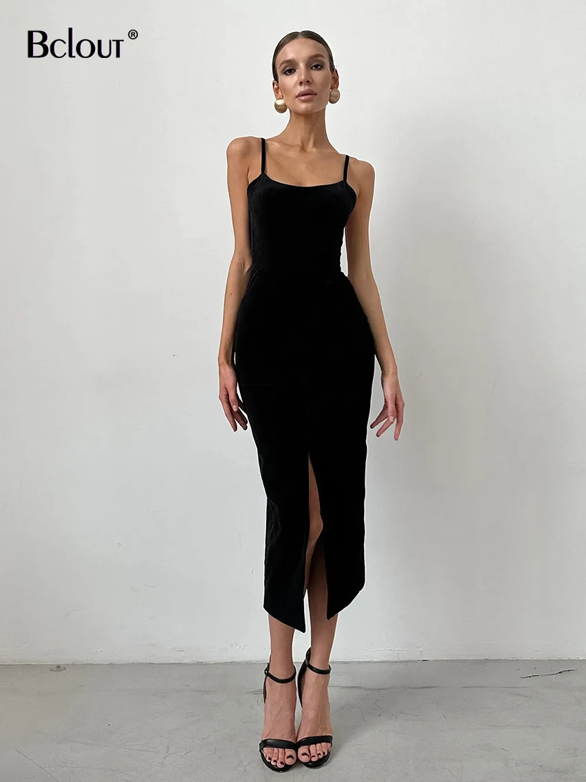 

Bclout Elegant Black Dress Female Summer 2024 Spaghetti Strap Elastic Backless Dresses Fashion Slim Party Sexy Midi Dress Women
