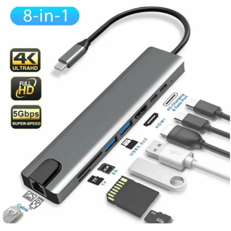 8-in-1 Type-C Expansion Dock with Network Port 4K High Definition HDMI Screen Expansion SD/TF Card Reader Multi-functional HUB 6
