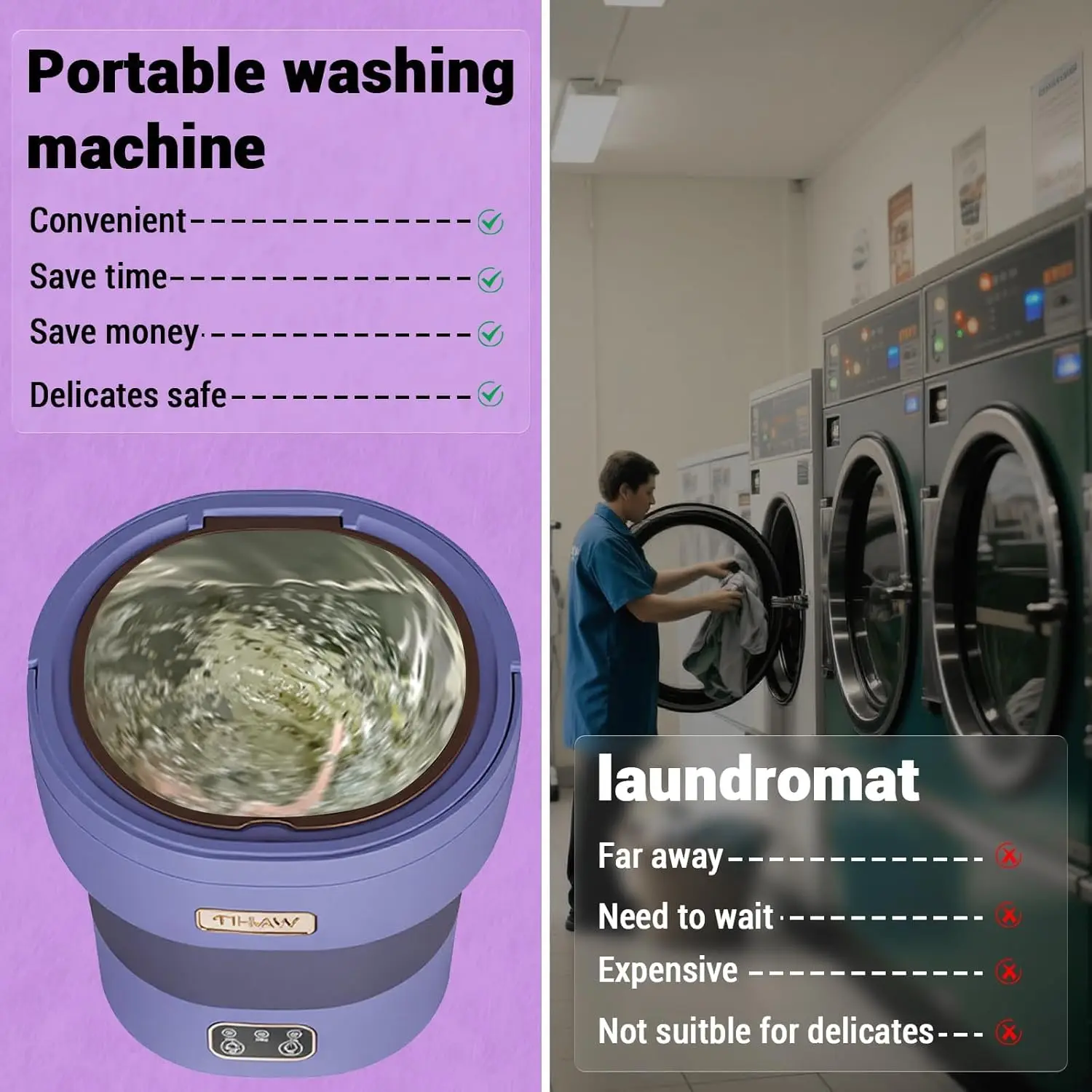 Green 12L Collapsible Mini Washing Machine & Dryer - Deep Clean for Underwear, Socks & Small Clothes - Compact Laundry Solution for Apartments, Dorms, Hotels & Travel - with Spin Basket - Light Purple (American Standard) 5