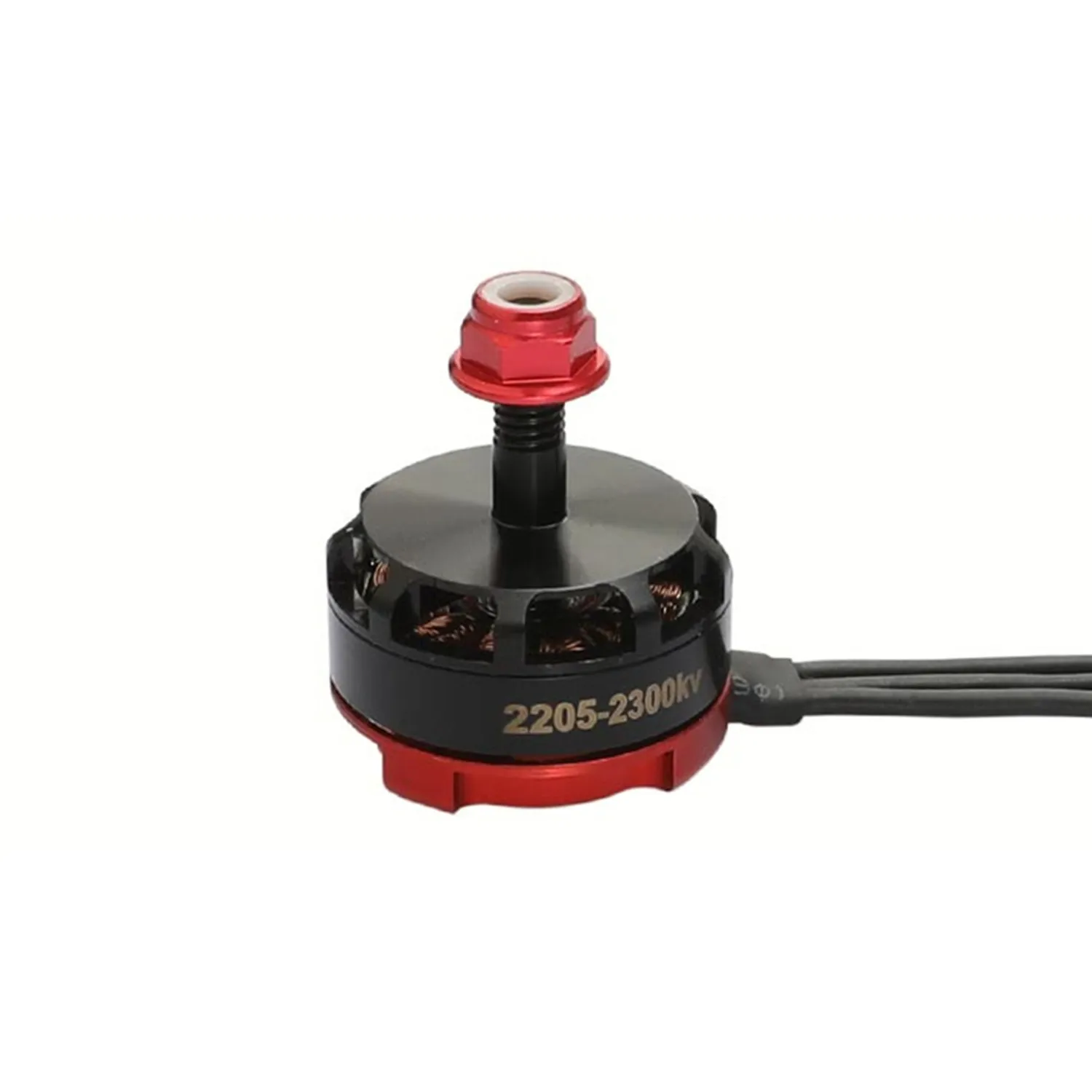 Moteur brushless RS2205 2300KV CW/CCW posé sur une surface, avec son axe central visible