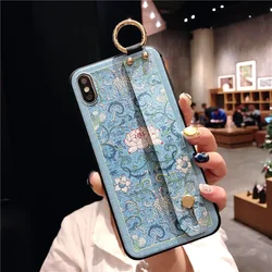 Traditional Flower Soft TPU Phone Holder Case with Wrist Strap Cover - iPhone 14 Pro Max (453)