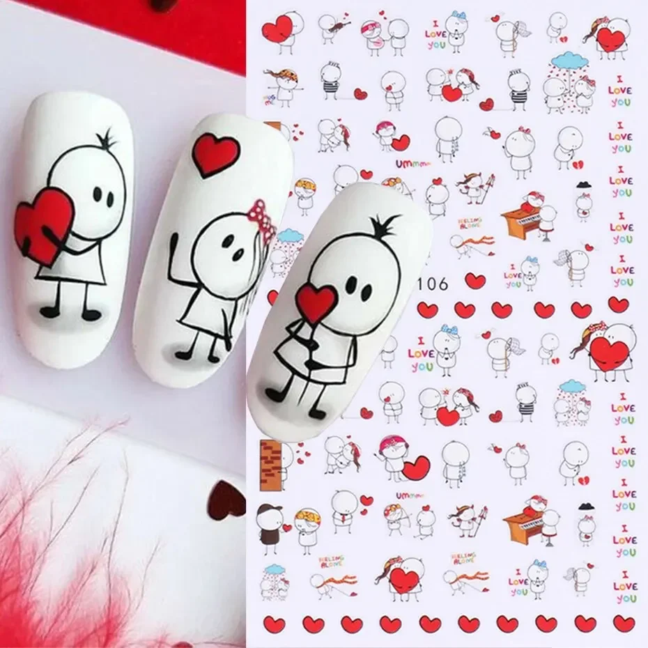 Nail Stickers 6PCS 3D Valentines Day Nail Art Lover Letter Cute Girl Cartoon