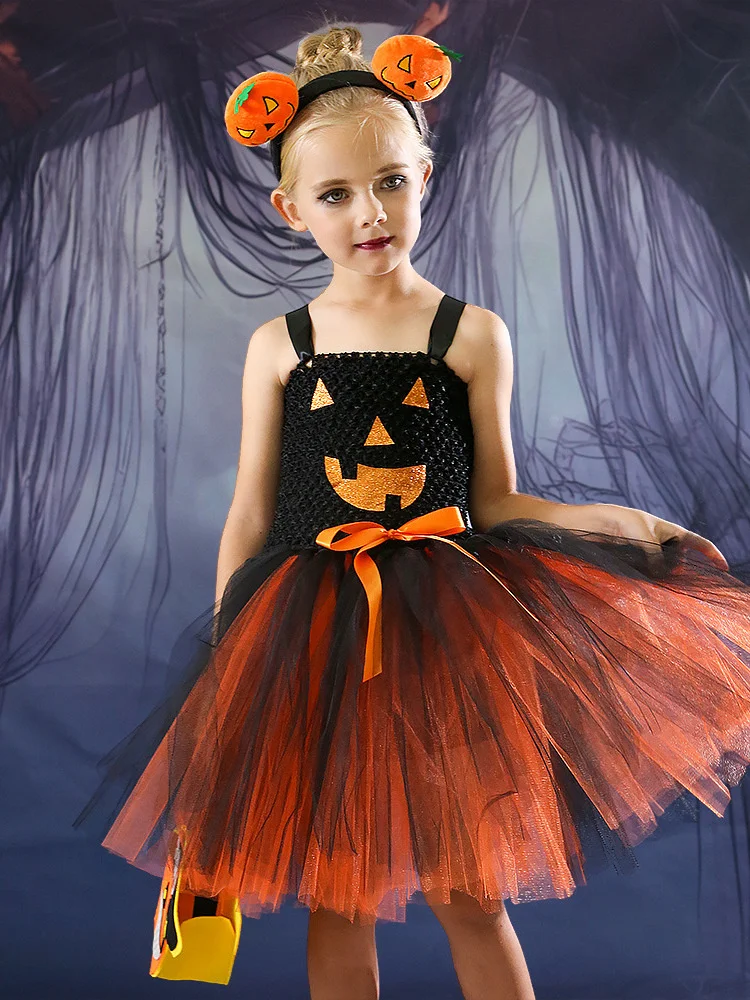 

Halloween Children's Cosplay Clothing New Girls' Pumpkin Makeup Ball Performance Puffy Dress Little Witch Costume Princess Dress