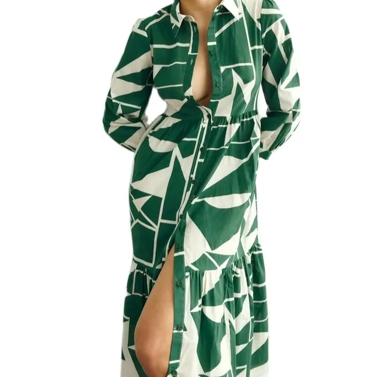 

BMZRLJY Temperament Green Geometric Print Mid-length Loose Long-sleeved Waist Closed Shirt Dress Spring And Autumn New Model