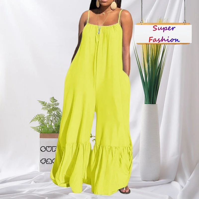 

M-5XL Plus Size Jumpsuit Women Summer Clothing 2023 Casual Sling Sleeveless Loose Wide Leg Flared Rompers Wholesale Dropshipping