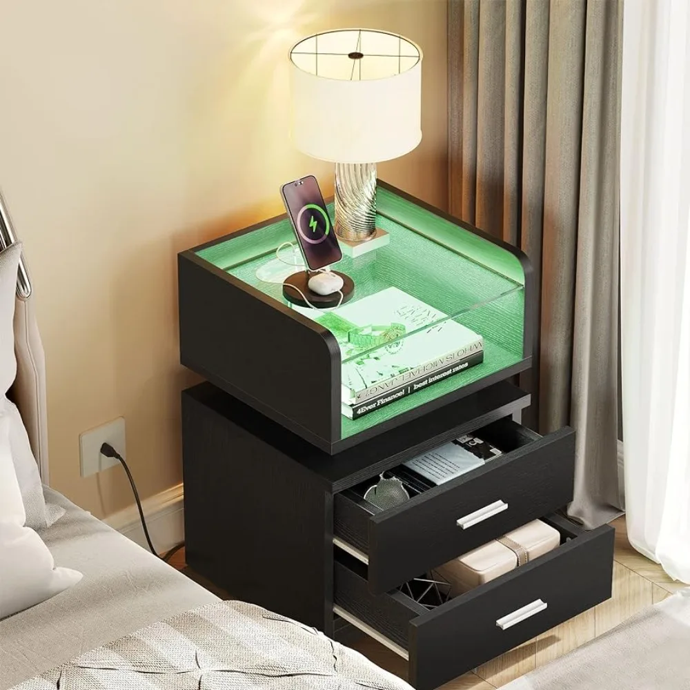 

LED bedside table with charging station, modern bedside table with glass top, 2 drawers, endside table with USB port and sockets