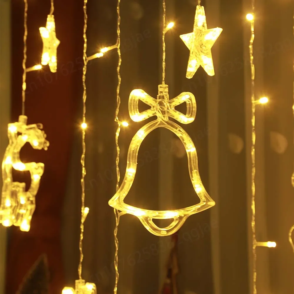 LED Curtain Christmas Lights Deer Bell Star Garland Fairy String Lights New Year Decoration For Wedding Party Holiday 2025_voghion.com