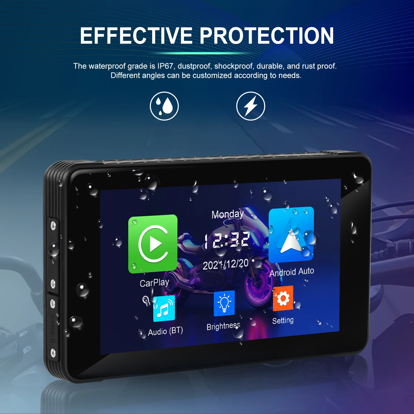 Podofo 5inch Motorcycle Carplay Touch Screen Smart Screen Player Android Auto IP65 Waterproof Bluetooth Type-c Motor Carplay