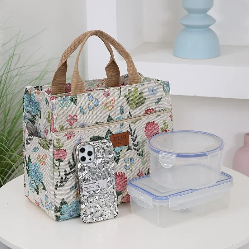 New Arrival Thick Knitted Jacquard Lunch Bag with Large Capacity, Featuring Aluminum Foil Insulation Layer and Zipper Closure
