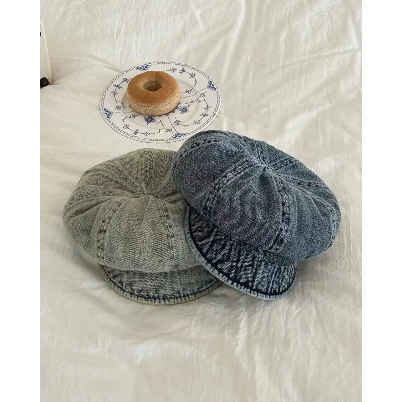 New Washed Denim Large Version Octagonal Hat Women's Sunshade Spring and Autumn Casual Short Brim Soft Top Newsboy Caps Gorras