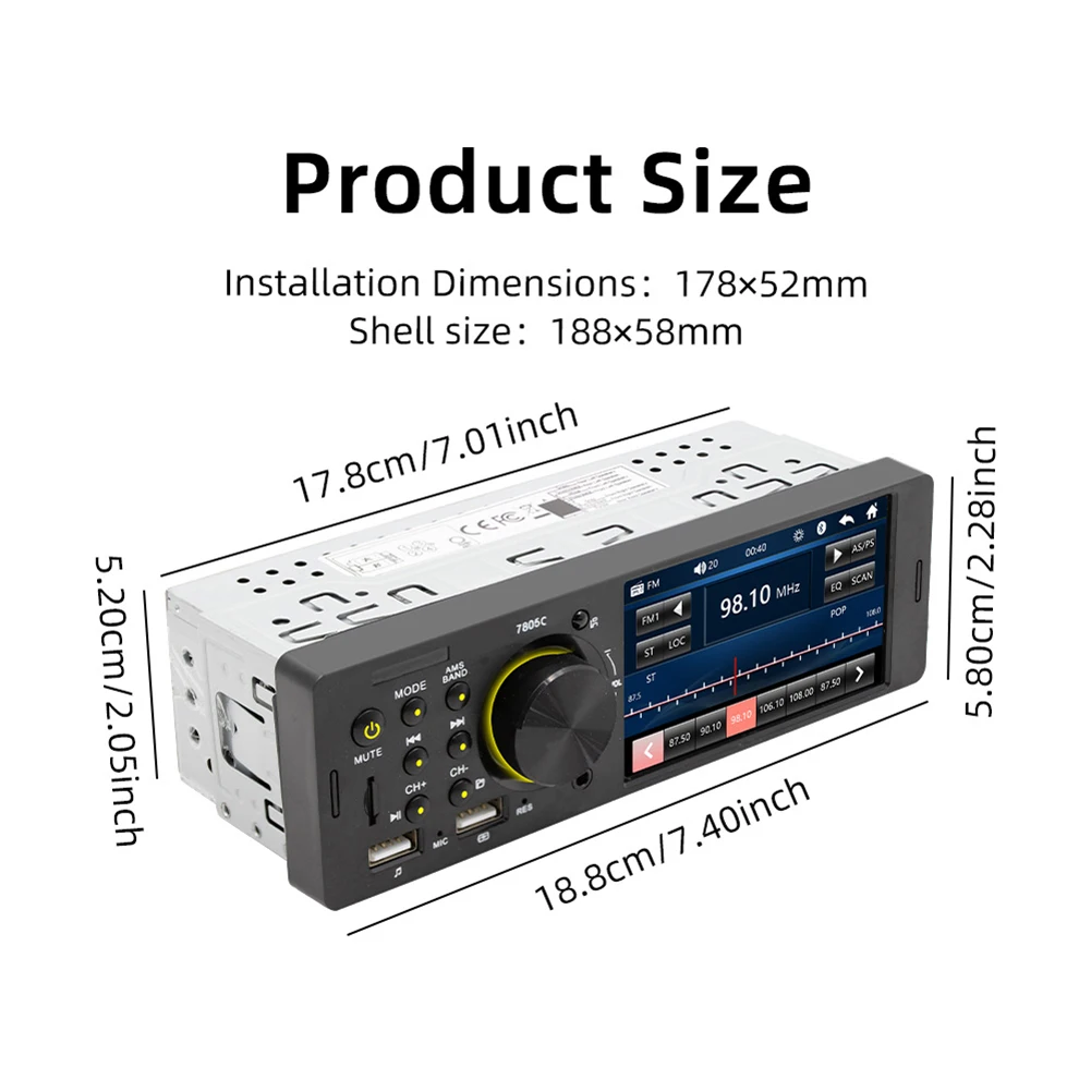 Single Din Car Stereo V5.0 MP5 Player 4" Touchscreen FM Radio Receiver Hands Free Calling USB Charging 7805C