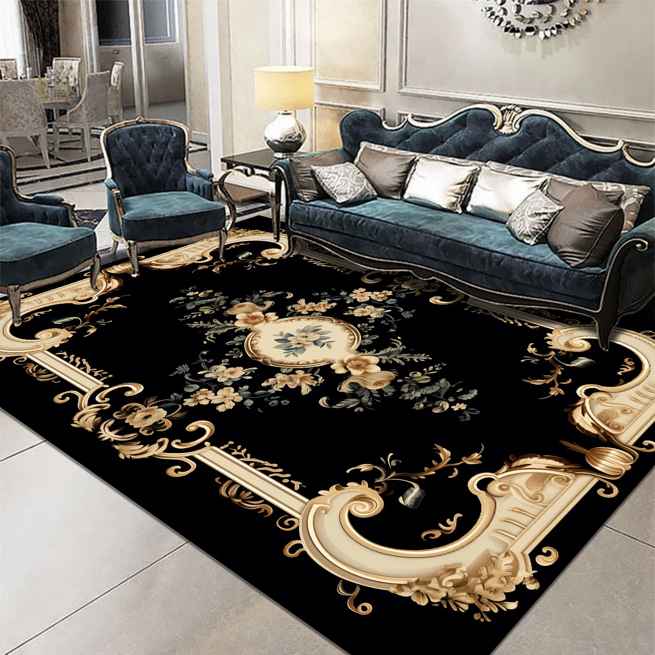Large Area Black Persia Carpet for Living Room Decoration Home Sofa Table Area Rug Bedroom Cloakroom Floor Mat Non-slip Washable 4