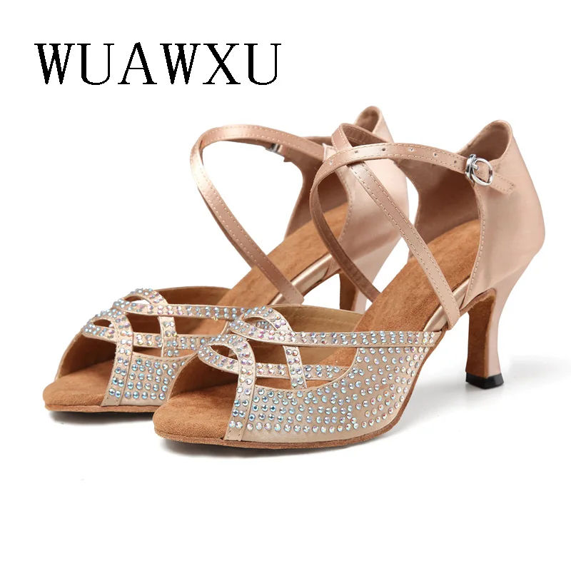 NATASHA Black Satin Inlaid Diamond Latin Dance Shoes Women's 2023 New Soft Sole Dance Sandals Summer Dance Medium High Heels