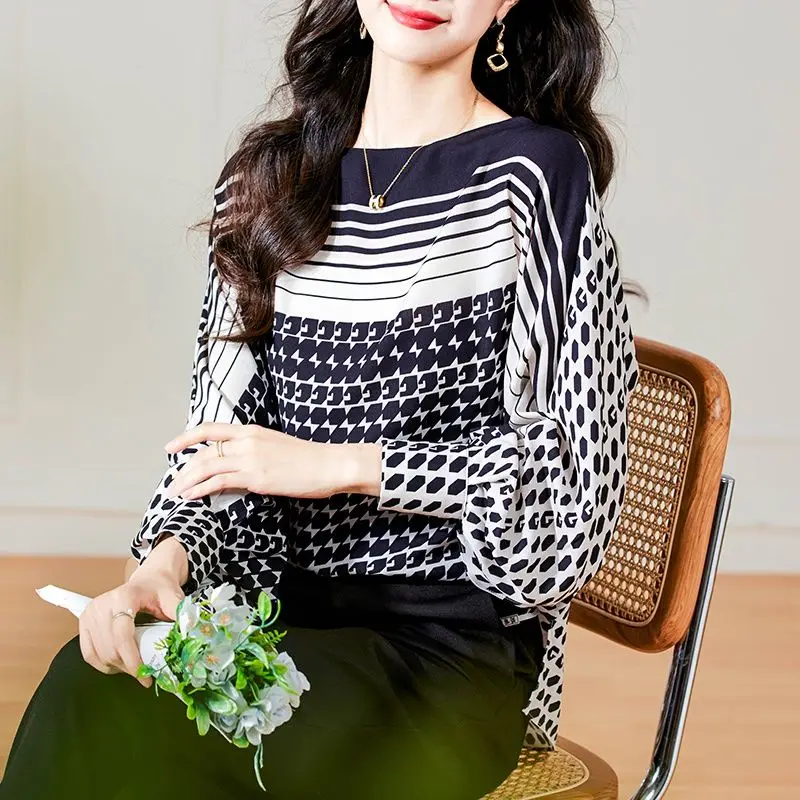 Temperament French Style Spring Autumn New Women's Slash Neck Printing Fashion Office Lady Loose Long Sleeve Chiffon Shirt Tops