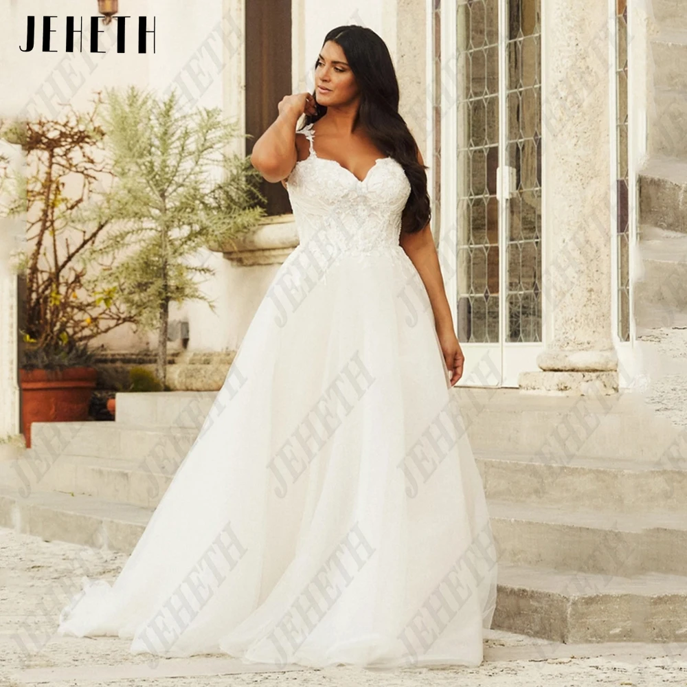 

JEHETH Elegant Wedding Plus Size Spaghetti Straps Sweetheart Bride Gowns Sleeveless A-Line Applique Tulle vestidos de novia