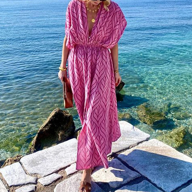 

2024 Sexy Deep V High Waist Party Dress Women Casual Short Sleeve Printed Bohemian Dress Vintage Lace Up Split Holiday Dresses