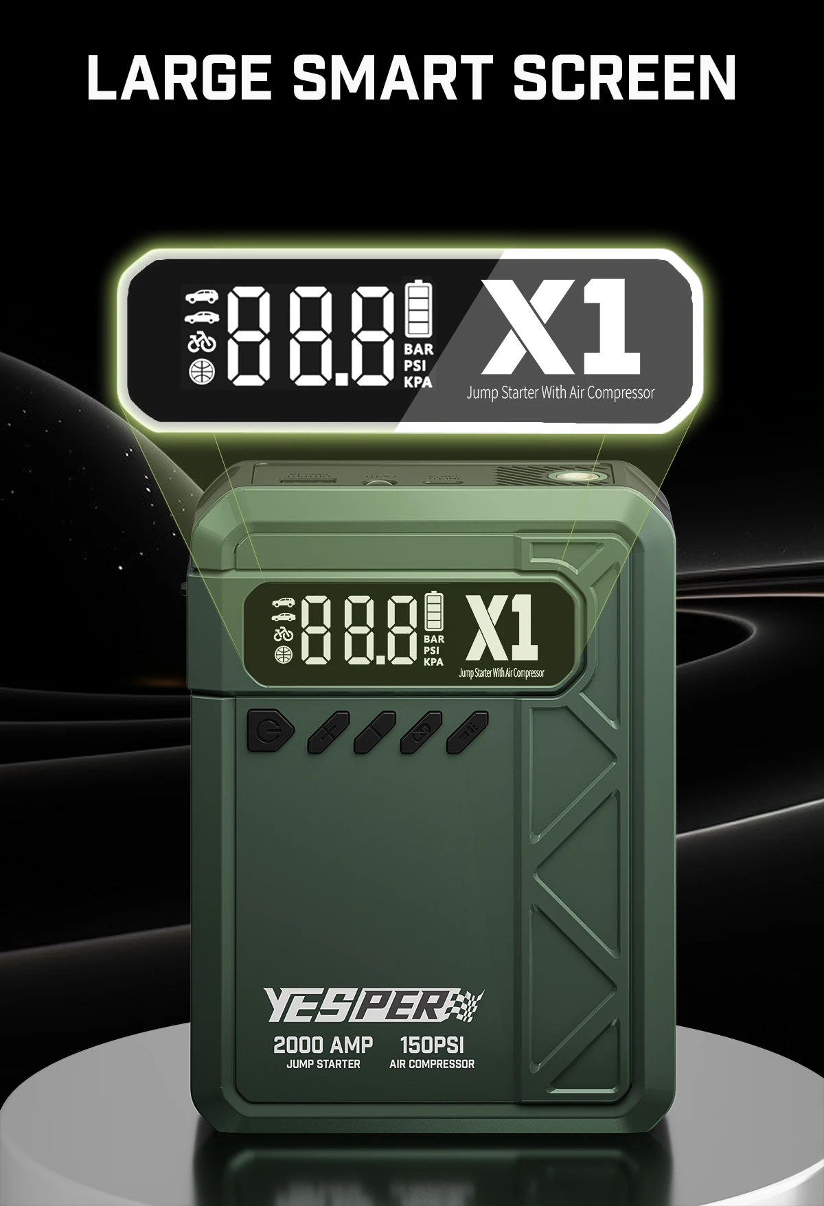 YESPER Jumper Box For Car Battery portable with Air Compressor 150Psi Digital Tire Inflator 2000A Peak 12V Battery Jumper Pack