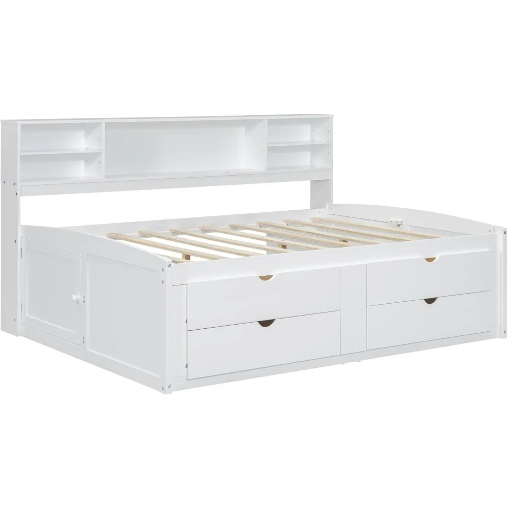 Full Size Captain Bed with Storage Drawers, Wood Daybed with Bookcase Headboard, Full Bookcase Daybeds with 2 Storage Cabinets 4