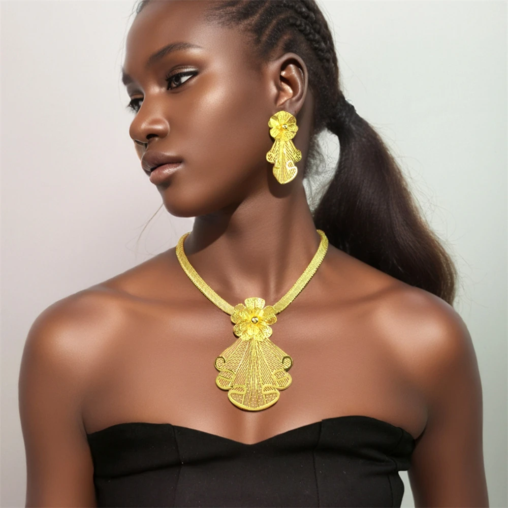 

ESALE 24K Gold Plated Dubai African Jewelry European and American Women's Banquet Petal Necklace Earring Set Accessories
