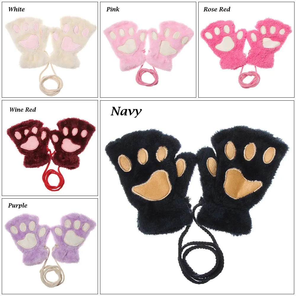 Lovely Warm Plush Fluffy Warm Children Gloves Cat Paw Mittens Fingerless